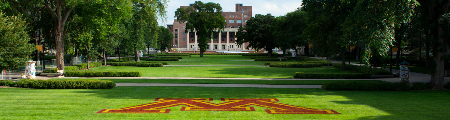 The lush lawn and maroon-colored flowers making a large block M on Northrop Mall in summer