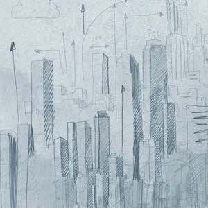 Pencil sketch of skyscrapers with clouds