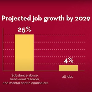 Projected job growth chart for mental health counselors is 25% by 2029