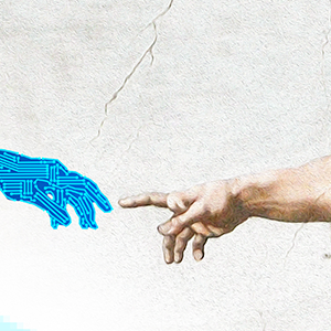 Concept based on the Michaelangelo painting Creation of Adam, in which the hand of God reaches out to the hand of an artifical intelligence rendered in blue neon network symbols