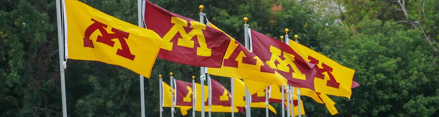 Block M maroon and gold flags